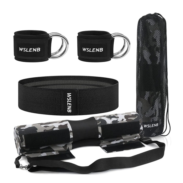 Barbell Pad Set for Squats Hip Thrusts Barbell Weight Set Neck and Shoulder Protective Cushion Pad with 2 Gym Ankle Straps Booty Resistance Bands for Standard Bars Cable Machine